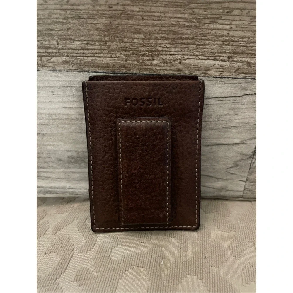 VTG Fossil Mens Leather Magnetic Money Clip Card Case Wallet Dark Brown Pebbled